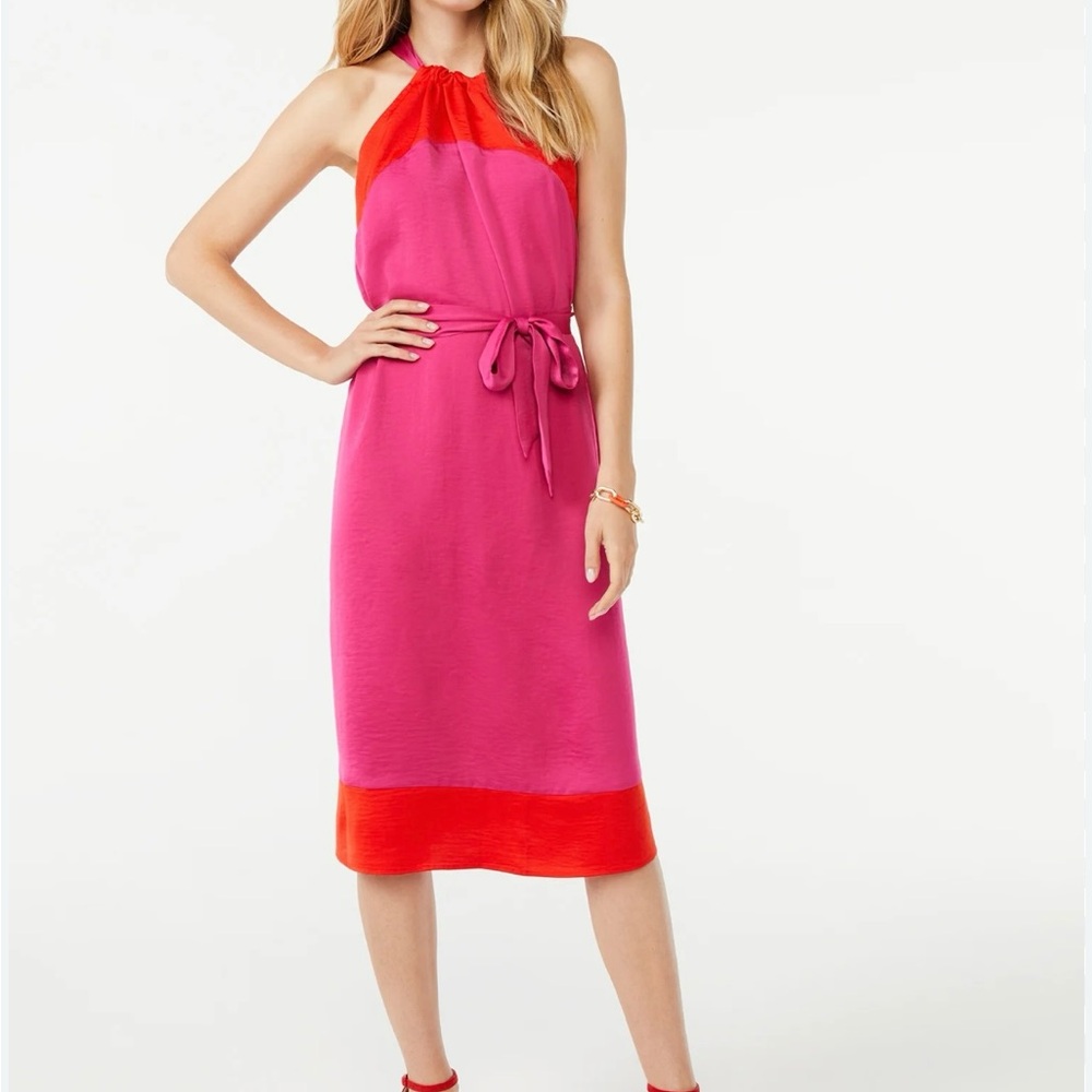 Chic Halter Midi Dress in Pink and Red